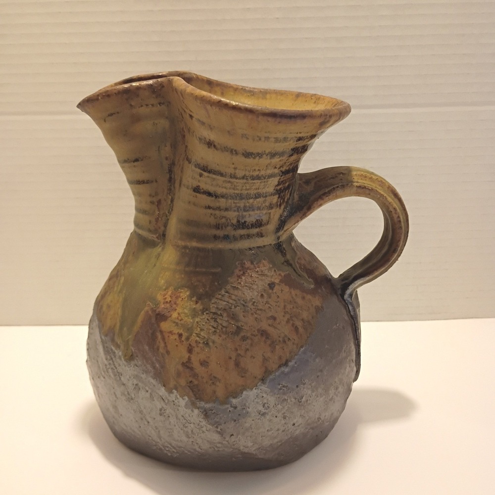 Vintage Studio Pottery Stoneware Pitcher Signed Rustic Wabi Sabi Glaze Jug 8 in